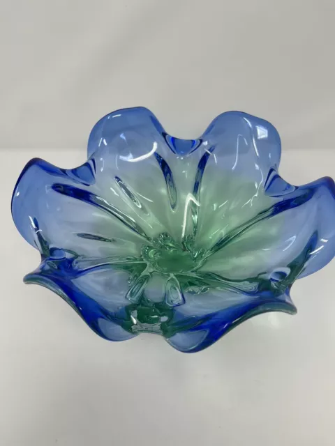 Vtg Hand blown Blue and Green Studio Art Glass Bowl Ruffled Edge 10" Gorgeous