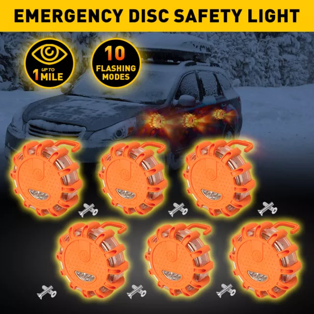6x LED Road Flares Emergency Disc Safety Light Flashing Roadside Beacon Warning
