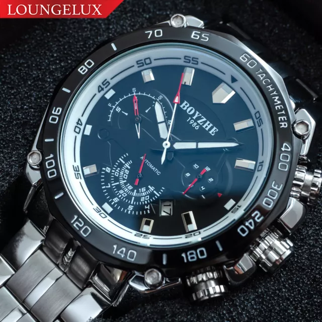 Mens Silver Chrome Black Automatic Mechanical Watch Luminous Stainless Steel