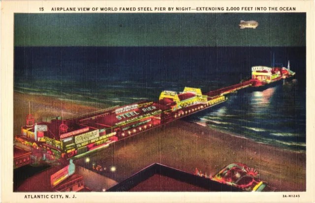 Airplane View Steel Pier by Night  Atlantic City New Jersey Postcard 1920s Blimp