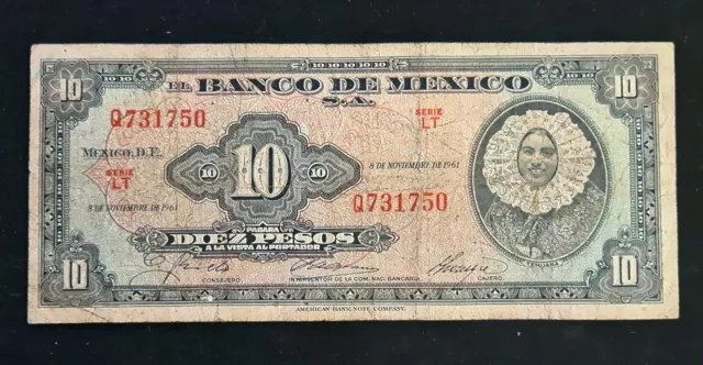 TEN 10 DIEZ PESOS BILL 💵 Banco De MEXICO 8 Nov. 1961 BANK NOTE 💲 Series LT 3