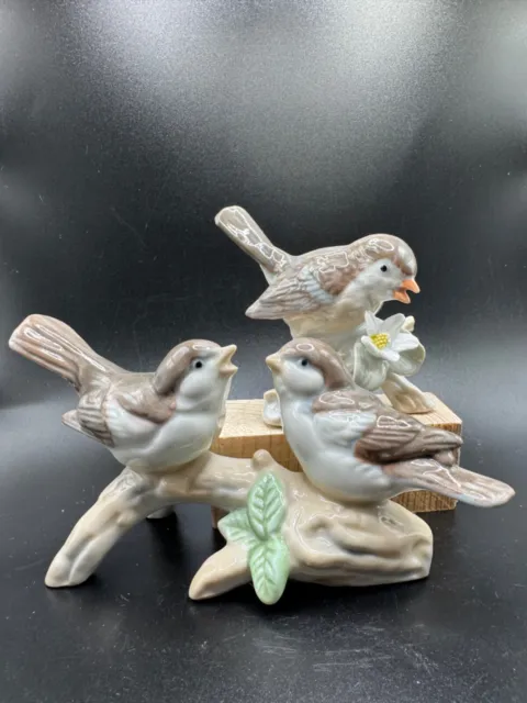 Otagiri 2 Tan White Breasted Singing Finch Birds on Branches Figurines 3.5"