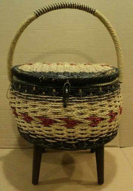 Vintage Round Woven Wicker Sewing Basket with Tray and Wood Legs