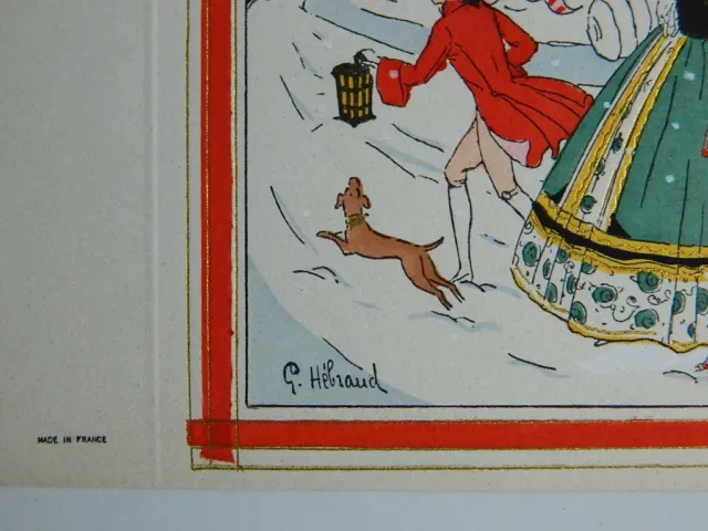 Gravure ancienne coloriée au pochoir signé G. Hébraud scène d'hiver sous neige 3