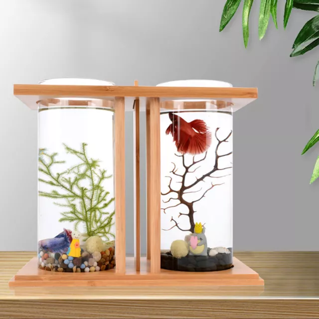 Glass Betta Fish Tank Bamboo Base Mini Aquarium Goldfish Tank Desktop Decoration
