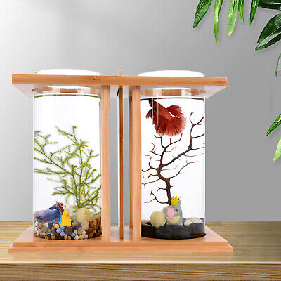 Glass Fish Tank Bamboo Base Mini Aquarium Desktop Decoration Betta Fish Tank NEW