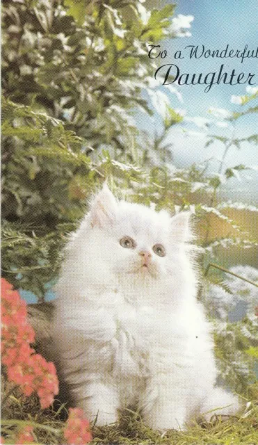 Daughter Happy Birthday Vintage Greeting Card 1970's Fluffy White Kitten Cat