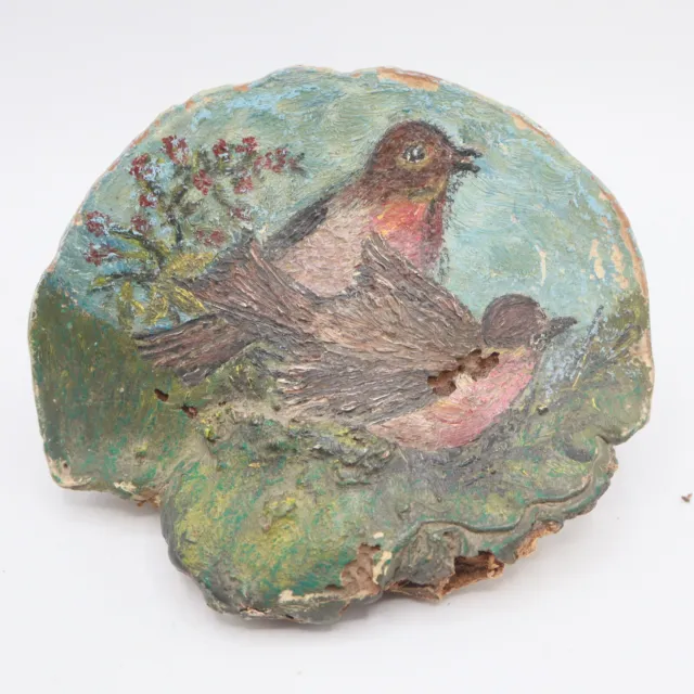 Antique Oil on Shelf Fungus Oyster Mushroom Maine Folk Art Painting Robin Birds