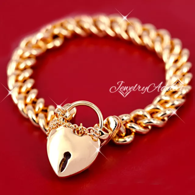 9K Gold Filled Heart Padlock Diamond Cut 10Mm Chunky Curb Chain Bracelet 19.5Cm