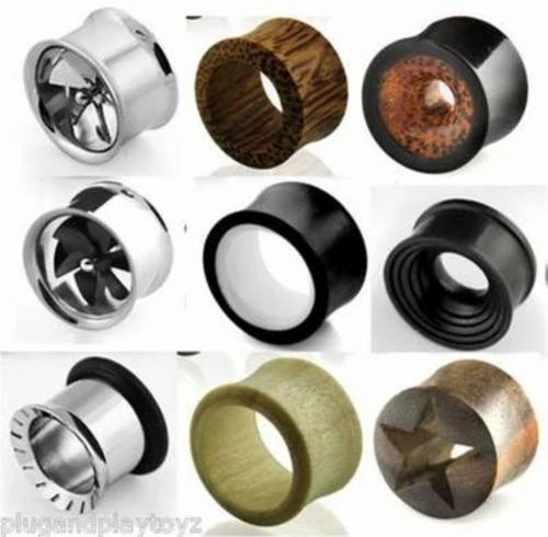 PAIR Organic Natural Wood or Steel Flesh Tunnels Double Flared Ear Plugs Gauges