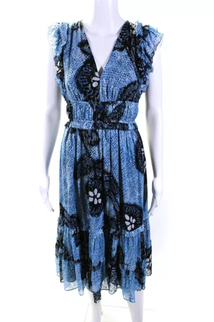 Ulla Johnson Womens Silk Abstract Print V Neck A Line Dress Blue Gold Size 2