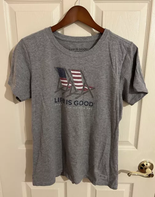 Life is Good Crusher Tee Gray American Flag Short Sleeve Shirt Size M EUC