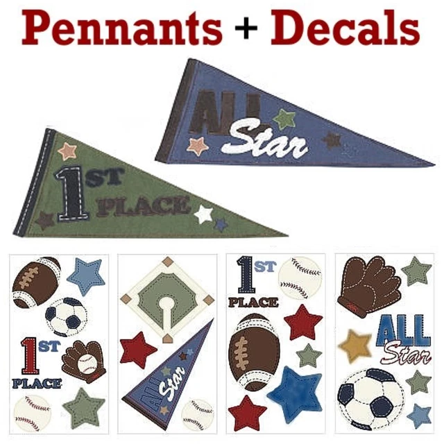 Nojo The Big Game Sports ~ 2 Fabric Pennants + 4pk Removable Wall Decal Stickers