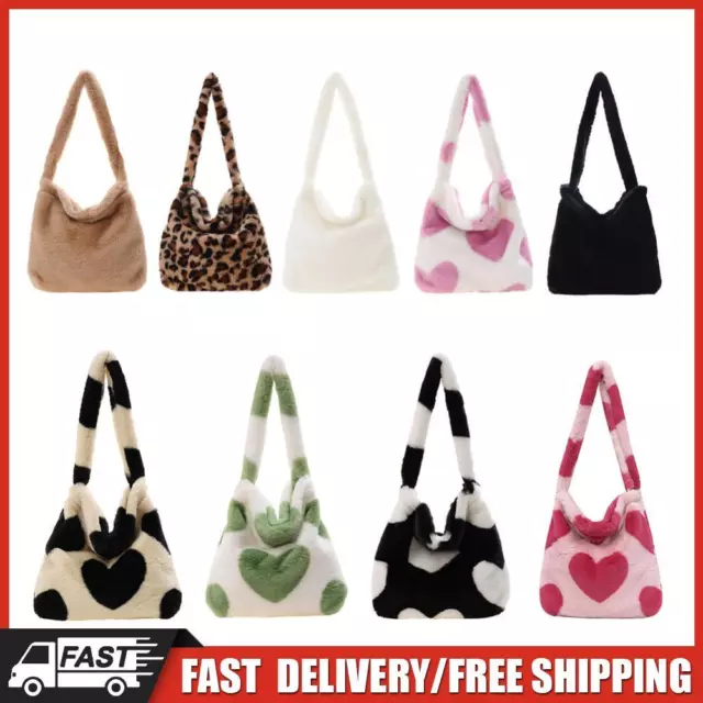 Women Fashion Plush Shoulder Bag Cute Heart Plush Tote Bag Cartoon Chic Hobo Bag