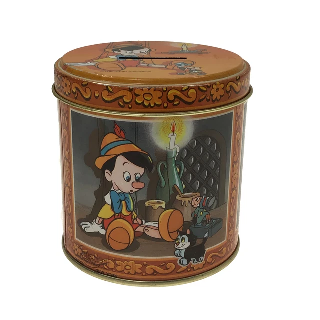 VINTAGE PINOCCHIO SCENES 3" Round Candy Tin Bank (From Disneyland) Walt