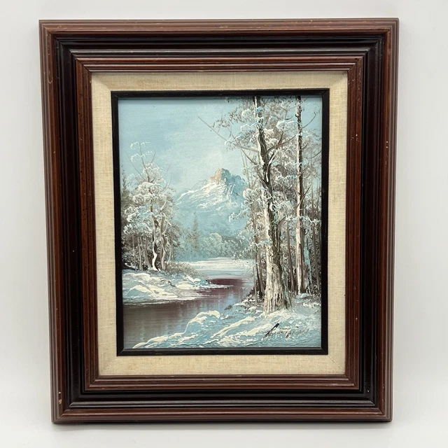 VINTAGE FRAMED WINTER Landscape Oil Painting Signed Mountain Snow Scene ...