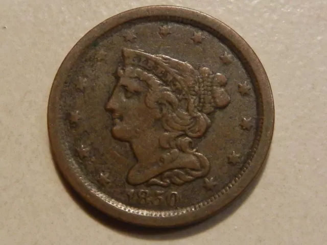 1850 braided hair half cent copper coin