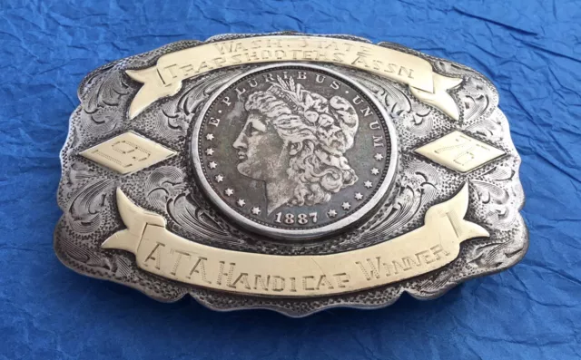 1976 Wash St Trapshooter Sterling 10K Gold 1887 Silver Dollar Trophy Belt Buckle