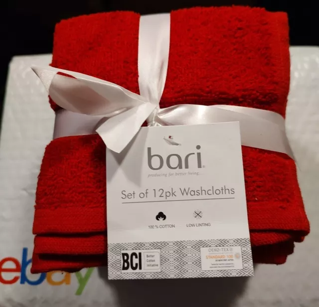 bari 12 pk Washcloths 12 x 12 100% Cotton Red White Black