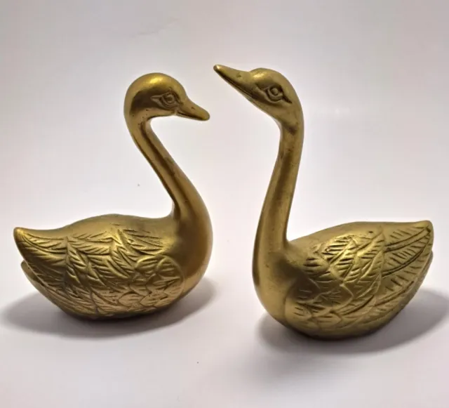 Vintage Pair  Brass Swans Figurines Mid Century Set Of 2 Feather Detailed Detail