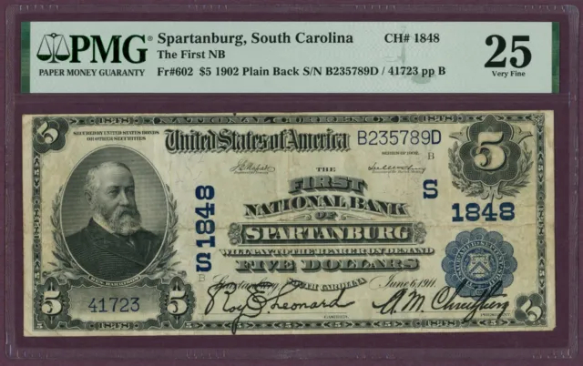 1902 First National Bank Spartanburg South Carolina $5 NBN FR-602 VF 25 (L0751)
