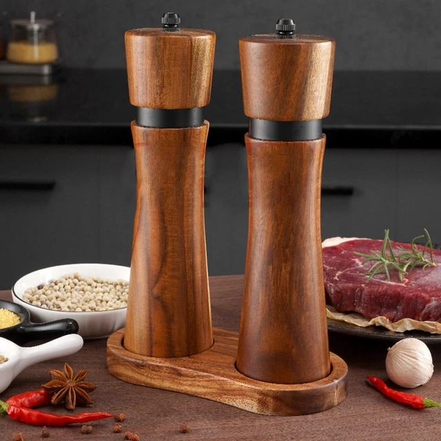ADJUSTABLE WOOD PEPPER Mill and Salt Grinder Set for Customized Flavor