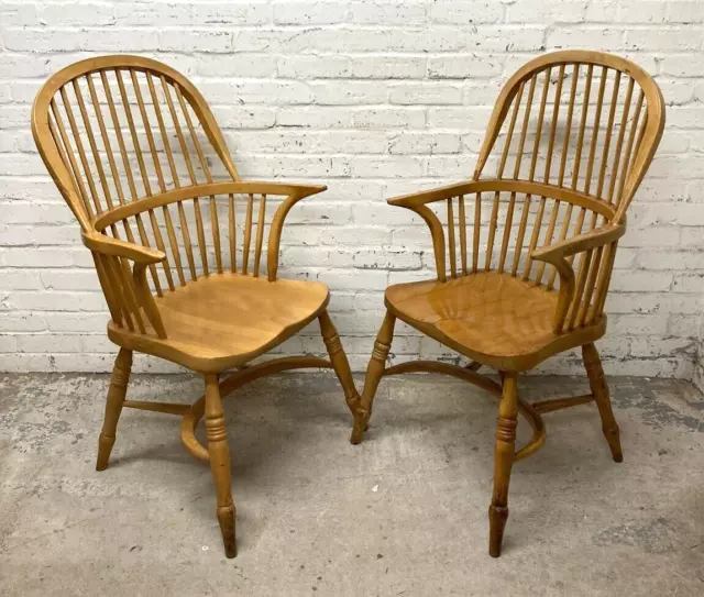 Pair of Antique Style Beech Farmhouse Windsor Armchairs Chairs (Can Deliver)