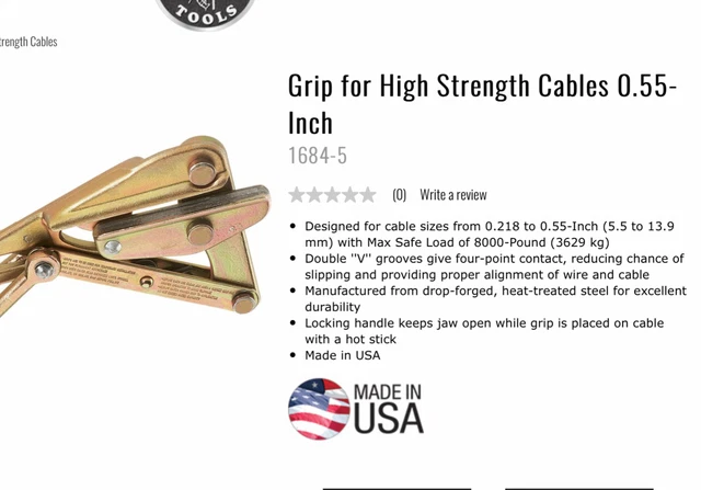 KLEIN TOOLS 1684-5 Chicago Grip,Frgd,.218-.55 EHS Cable, Guy Wire, Steel Cable.. 3