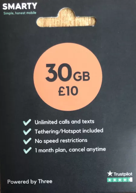 SIM SMARTY con 30 GB di dati e chiamate e testi illimitati per £10 al mese