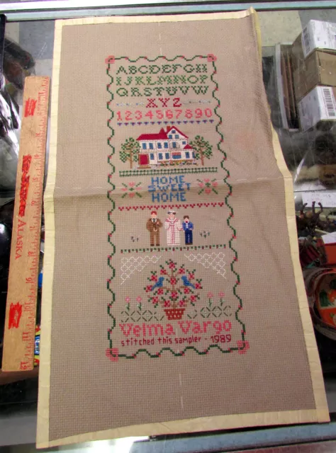 completed hand stitched artwork sampler design, 1989 Home Sweet Home, nice