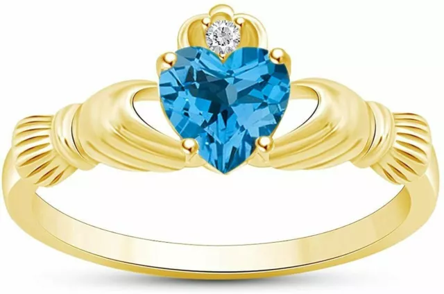 Lab-Created Topaze Coeur Claddagh Promesse Fiançailles Bague 14k or Jaune Argent