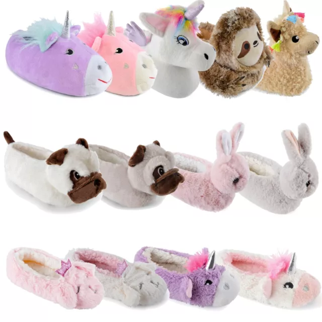 Kids Girls Slippers 3D Novelty Plush Animal Unicorn Bunny Warm Cosy Fluffy Gift
