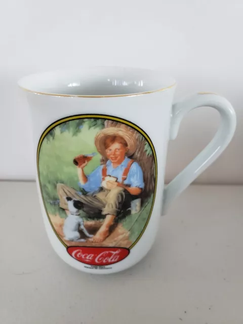 Vintage Coca-Cola Collection Coffee Mug Norman Rockwell Boy Fishing Gold Trim
