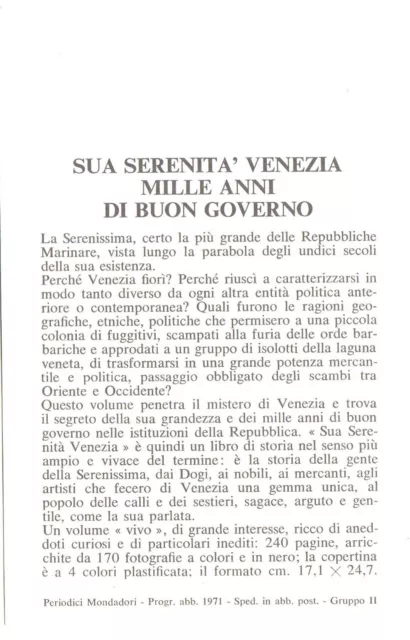 Cartolina Pubblicità Editoriali MONDADORI Abbonamenti SUA SERENITA' VENEZIA 1971 2