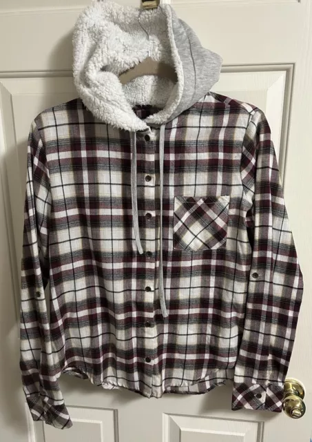 Rewash Plaid Flannel Hooded Shirt Size Medium Black Gray & Maroon Button Down