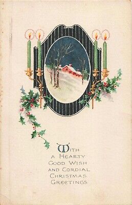 Postcard Merry Christmas Greetings Candles Holly Divided Back c1908