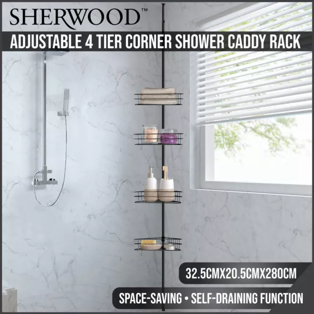 Sherwood Adjustable Telescopic 4 Tier Corner Bathroom Shower Caddy Rack Black