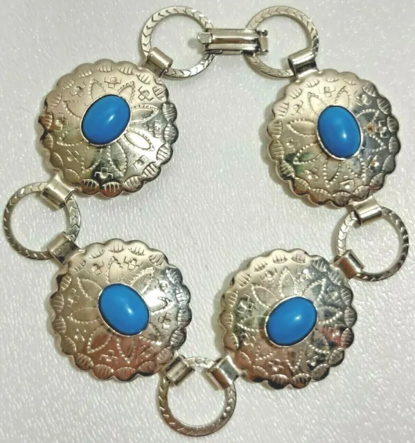 South Western Oval Turquoise Silver Tone Flower Concho Bracelet Native American