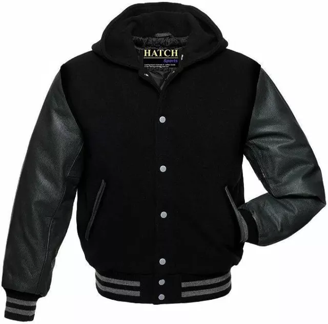 Mens Varsity Baseball Hoodie Style Wool Body Genuine Leather Arms Varsity Jacket