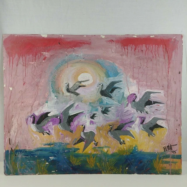 Canada Geese in Flight Original Art by Bruce Pettit 1995 Mixed Media Paint 28x22