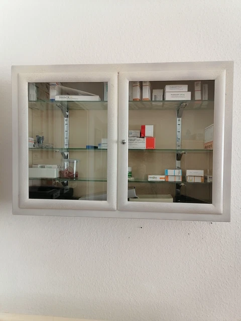 Vintage-Arztmöbel, 50er/ 60 er Metall-Wandhängeschrank mit Glasfront, ab Juni 23