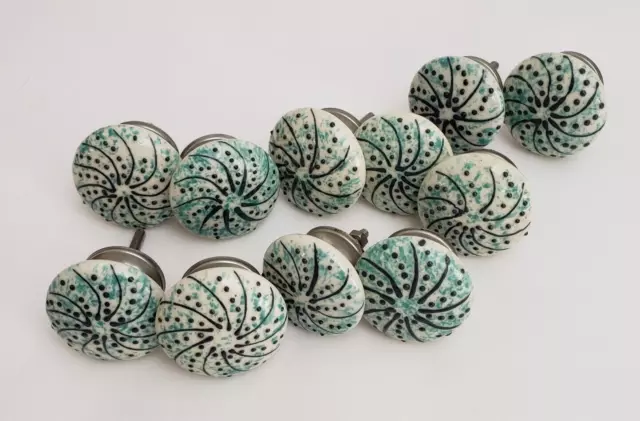 Ceramic Drawer Cabinet Knobs Pulls White Green Hardware Silver Tone Lot of 11