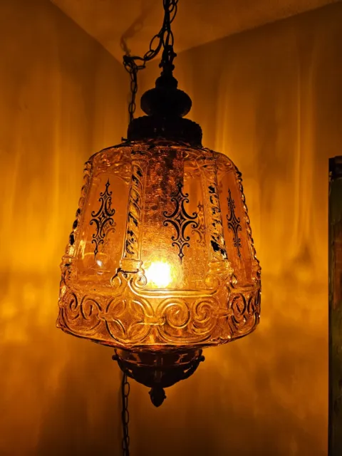 Vtg Swag Lamp Amber Swirl Large Hanging Light Glass  Pendant Mid Century Rewired