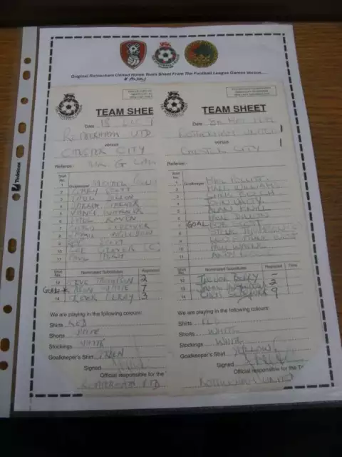 1998/1999 Rotherham United v Chester City: Original FL Team Sheets From The Home