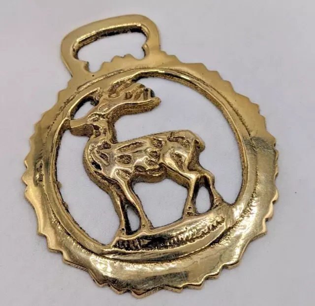 Brass Horse Medallion Vintage English Stag Deer Buck Horns Walk Hunt Show Parade