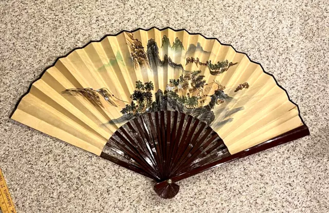 Vintage, Large Asian Hand-Painted Folding Fan/Wall Art approx. 40 inches wide