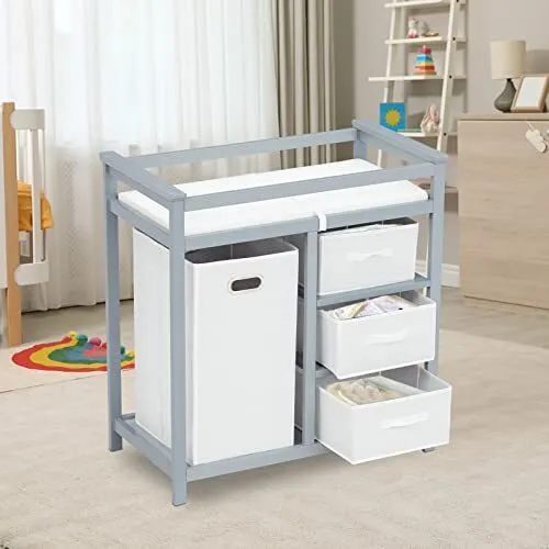 Baby Diaper Changing Station Nursery Table - Infant Diaper Table w/ 3 Storage...