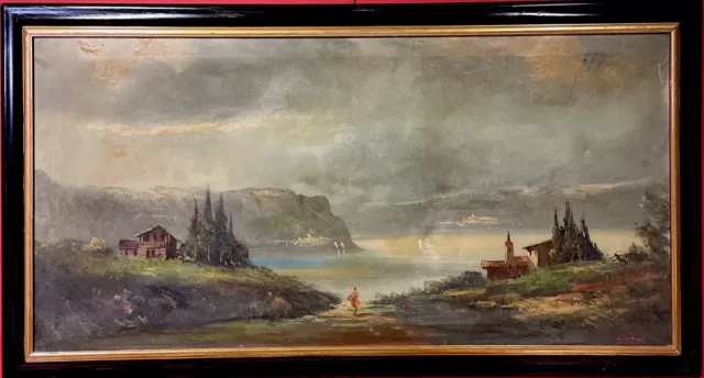 quadro antico 900 dipinto a olio su tela grande paesaggio montagna con cornice #
