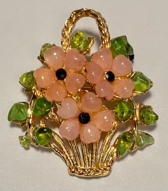 Swoboda Flower Basket Brooch ~ Rose Quartz, Peridot, Sapphire ~ Beautiful!