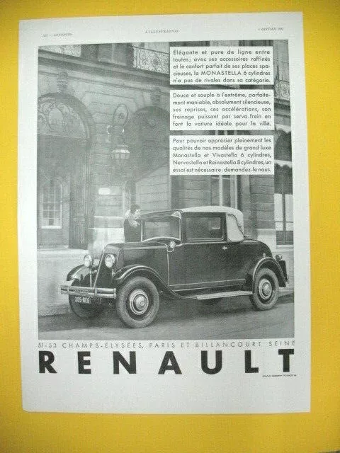 Publicite De Presse Renault Monastella Automobile Elegante Douce Souple 1931